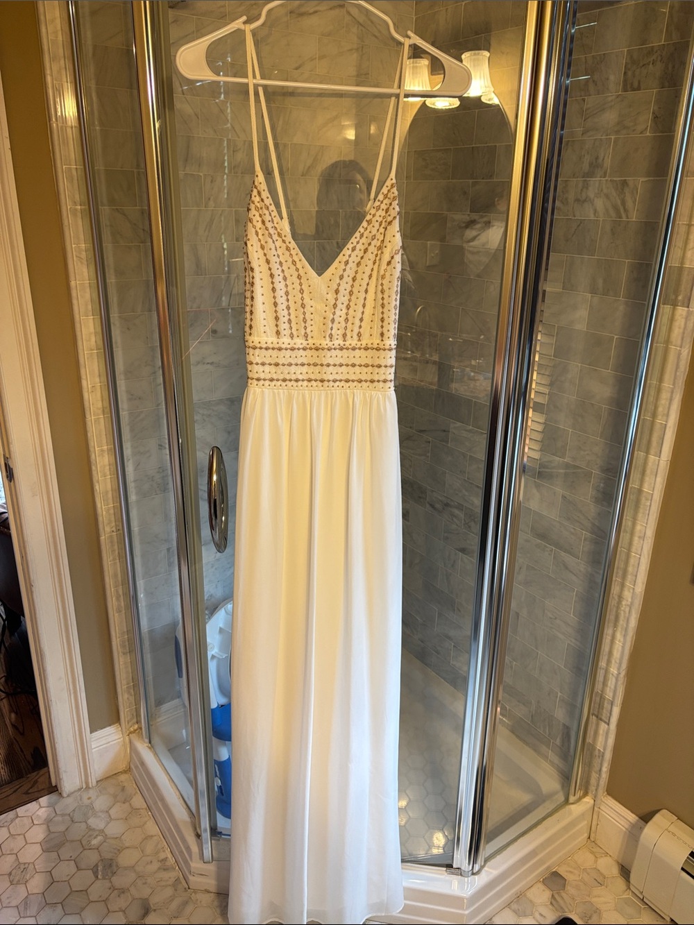 Ivory Beaded V-Neck Spaghetti Strap Gown